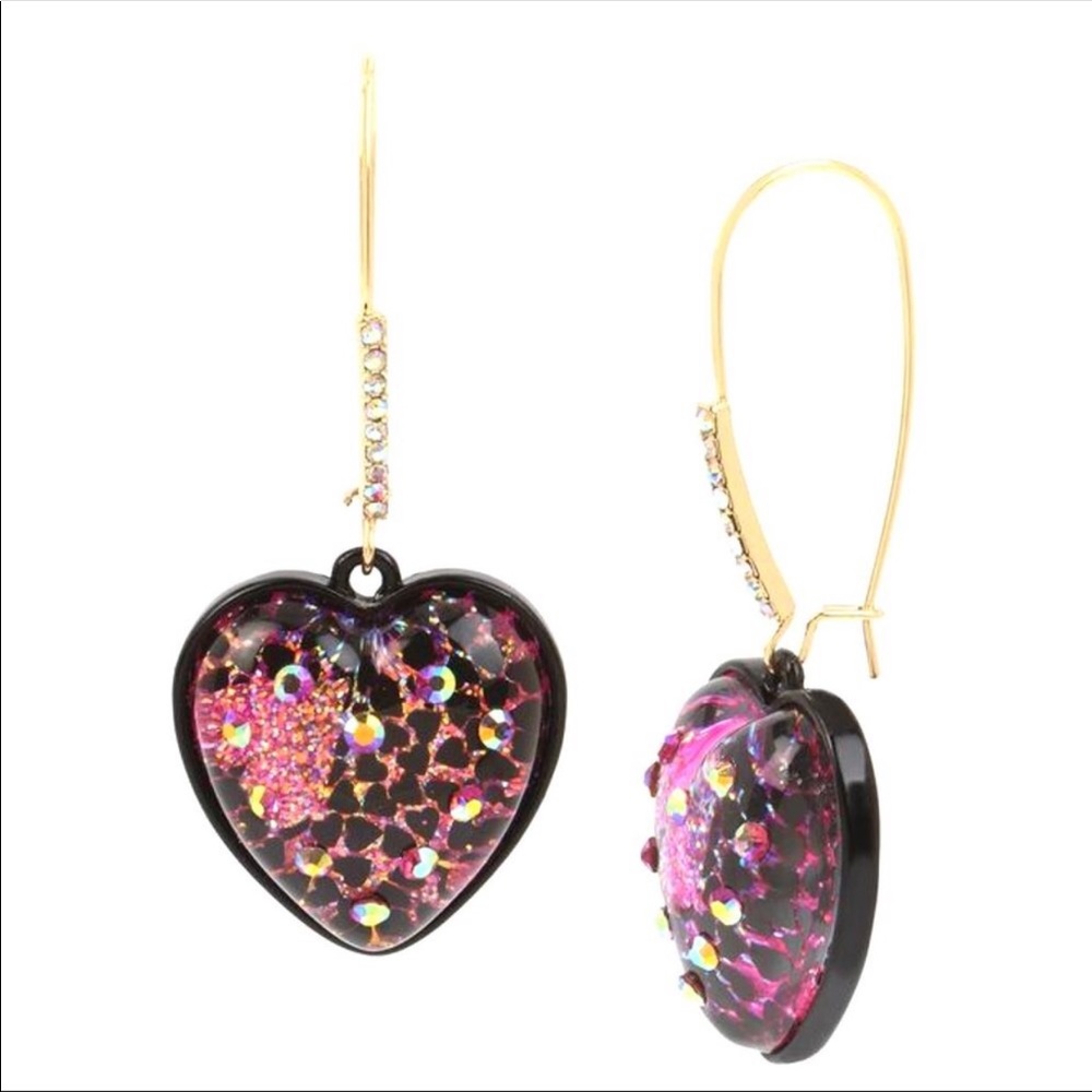 BETSEY JOHNSON XOX GLITTER HEART EARRINGS-FUSCHIA